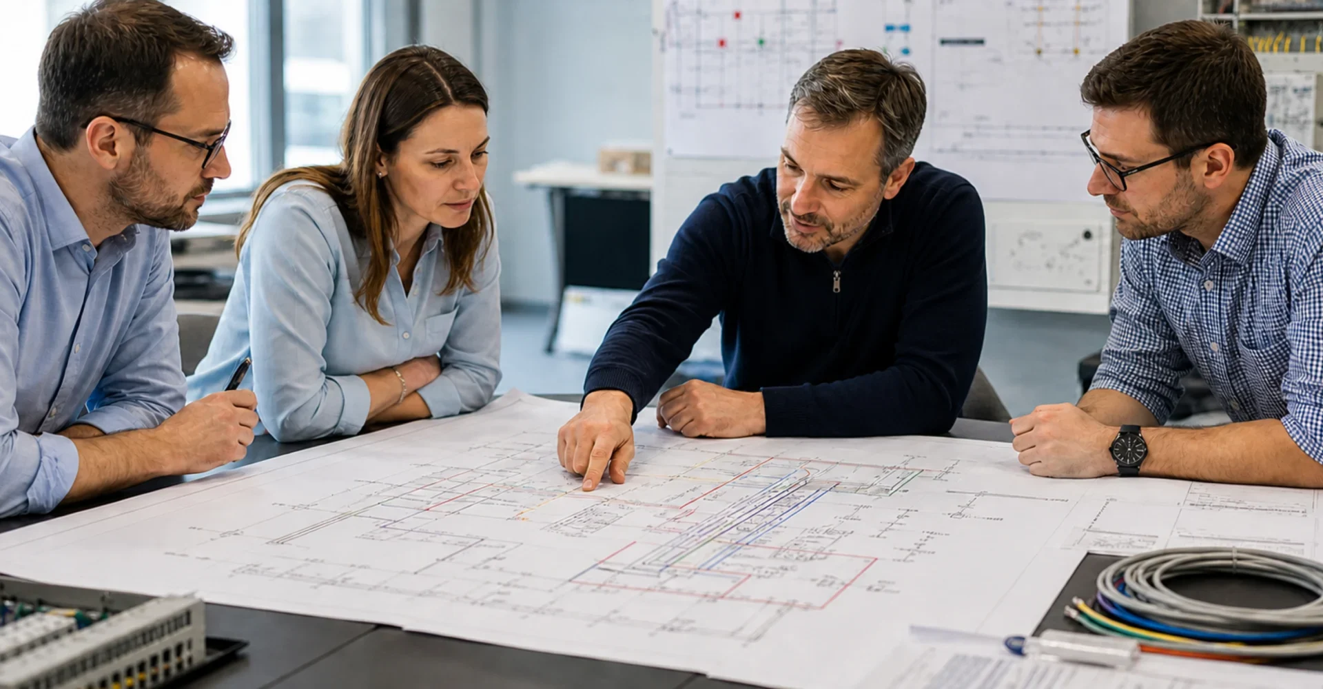 Zespół projektantów analizujący dokumentację techniczną